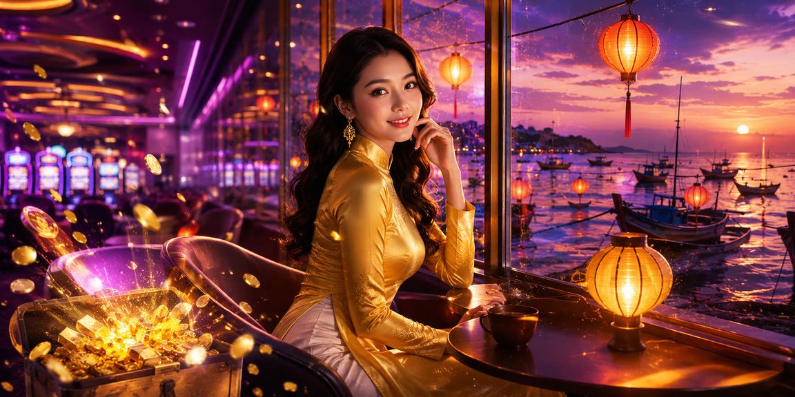 Phụ nữ mặc áo dài Hội An trải nghiệm casino trực tuyến, hình ảnh văn hóa Việt Nam kết hợp giải trí số
