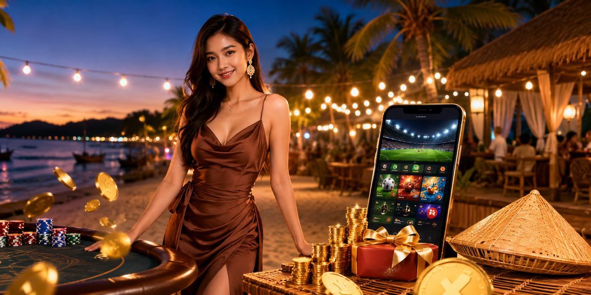 Cảnh biển Phú Quốc thanh bình, người dùng đang xem kèo thể thao và ưu đãi hoàn tiền trên điện thoại